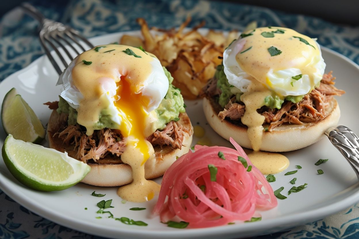 Indulge in a unique twist on brunch with our Carnitas Eggs Benedict, drizzled with creamy Chipotle Hollandaise. A flavorful delight you can't resist!