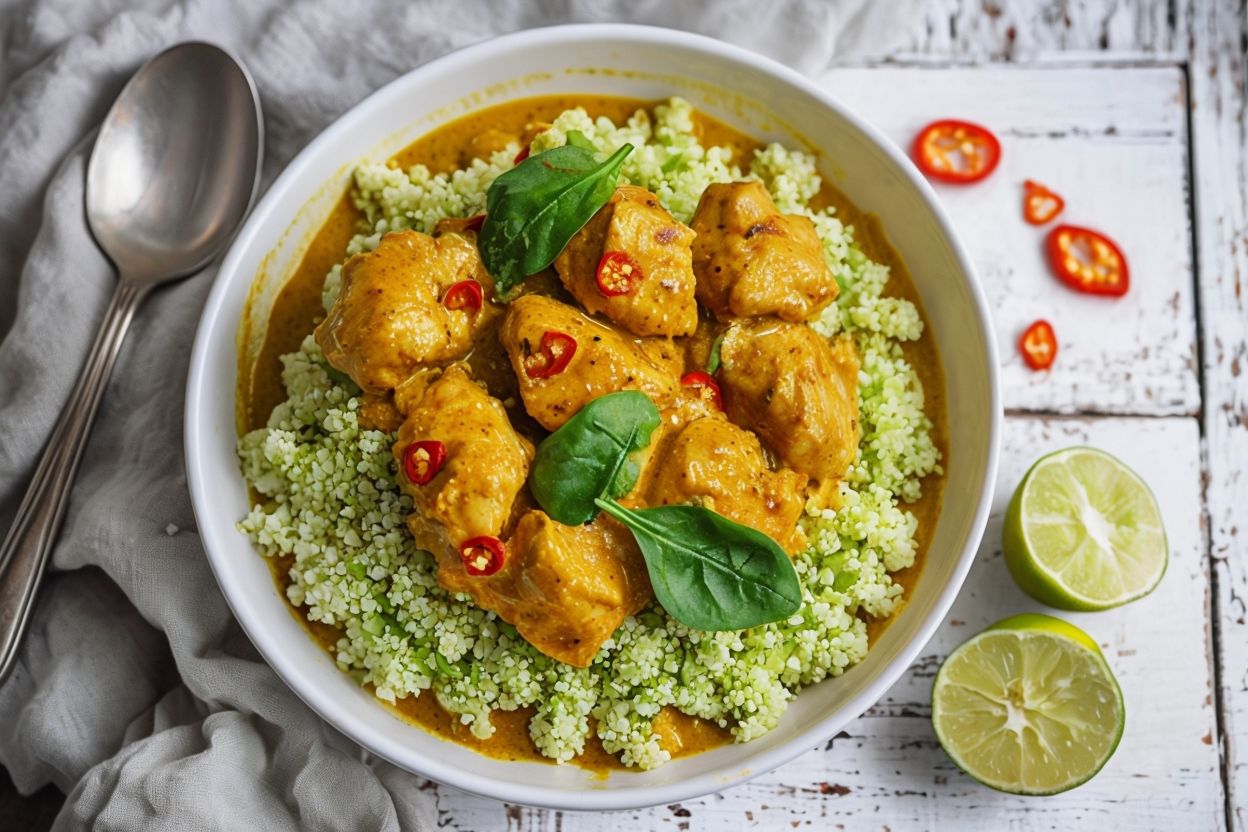 Discover a delicious Keto chicken coconut curry recipe paired with healthy broccoli rice. Perfect for a low-carb meal that’s bursting with flavor!