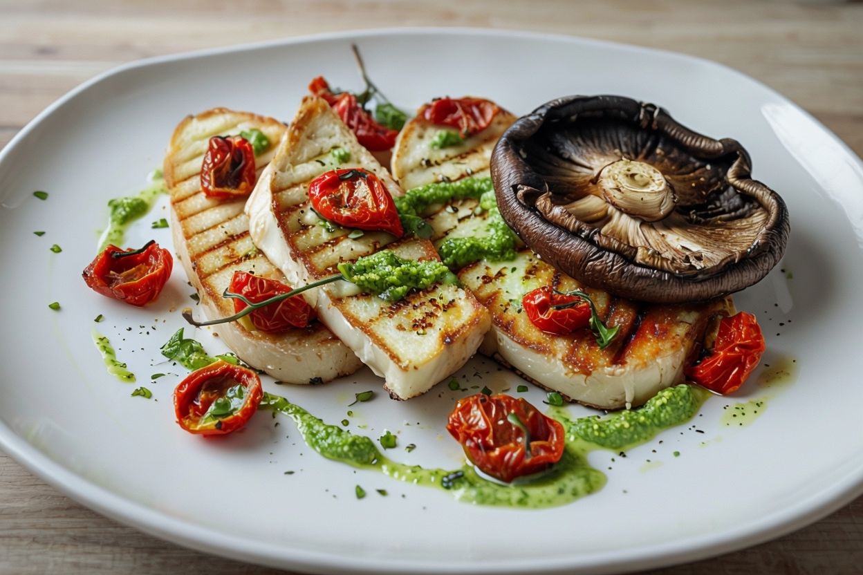 Elevate your breakfast with our French toast topped with fresh tomatoes, sautéed mushrooms, and vibrant pesto. A savory delight you won't want to miss!