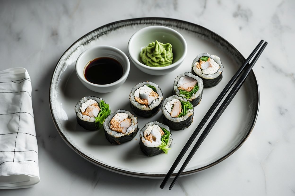 Treat yourself to our crispy chicken sushi rolls, a unique twist on classic sushi. Enjoy a delightful fusion of taste and texture in every bite.