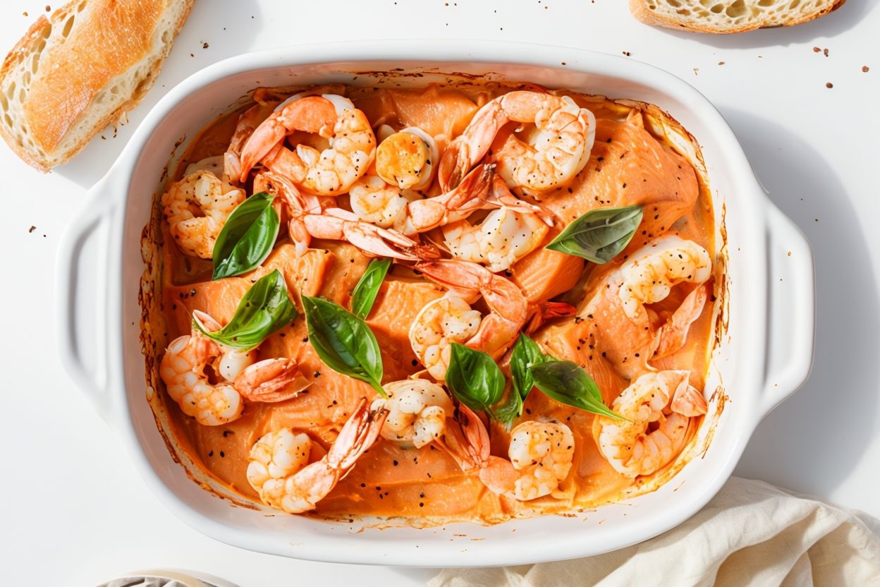 Indulge in our Creamy Italian Garlic Seafood Bake, featuring succulent seafood enveloped in a rich garlic cream sauce. A culinary delight awaits you!