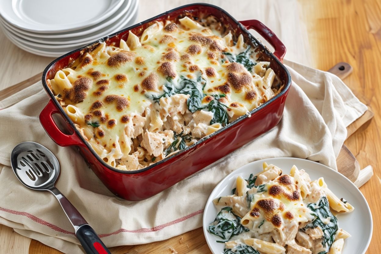 Enjoy a simple yet flavorful 5-ingredient chicken and mushroom pasta bake that brings comfort to your table. Quick to make and delightful to taste!