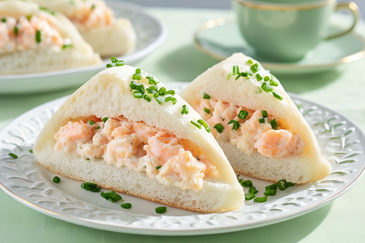 Indulge in our creamy prawn and dill finger sandwiches, a perfect blend of flavors!